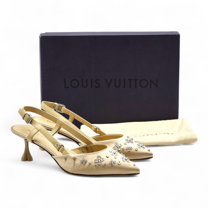 Louis Vuitton Mirage Blossom Slingback Heels Satin Crystals Gold EU 36 US 5.5
