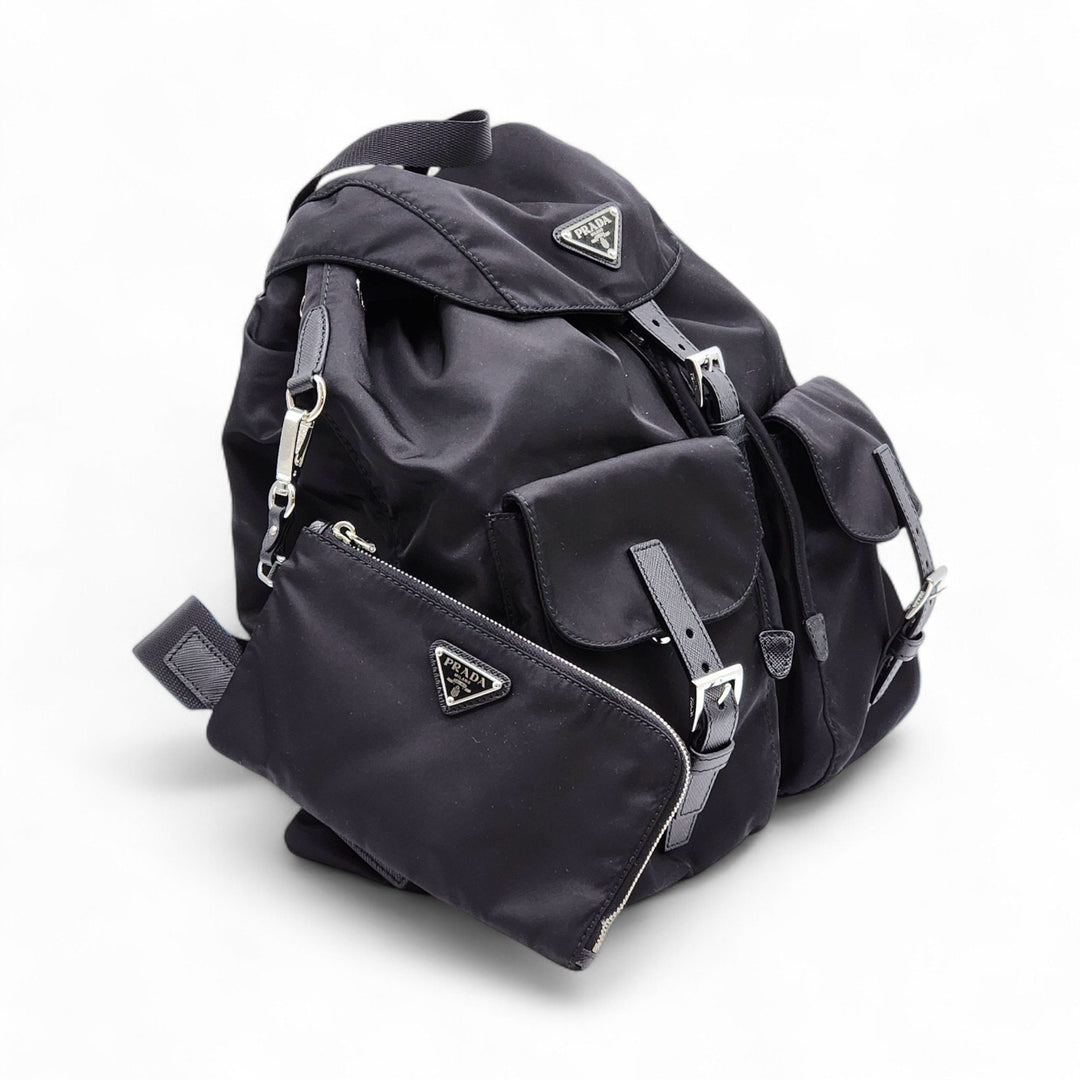 Prada Tessuto Nylon Backpack with Leather Trim Silver Hardware Black
