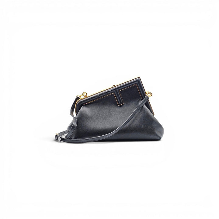 Fendi First Clutch Shoulder Bag Black Nappa Leather Gold Tone Frame