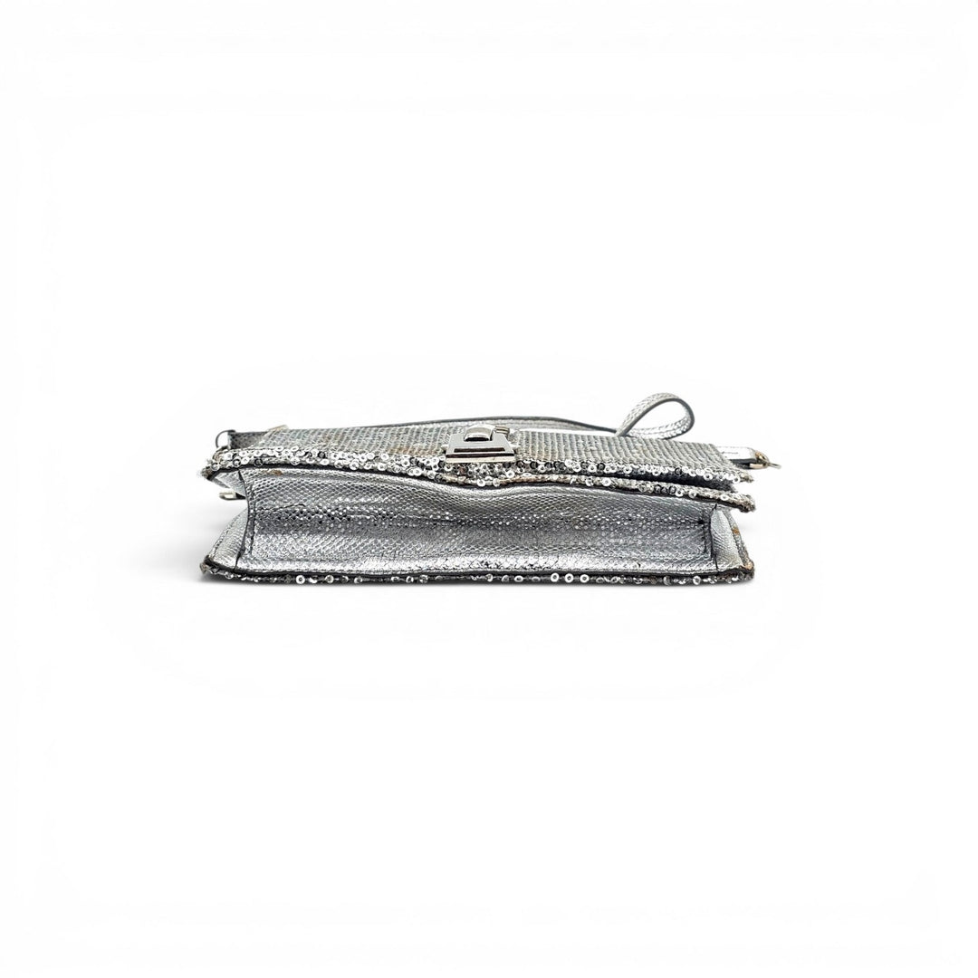 Tom Ford Silver Sequin Clutch With Chain Shoulder Strap with Zipper Detail