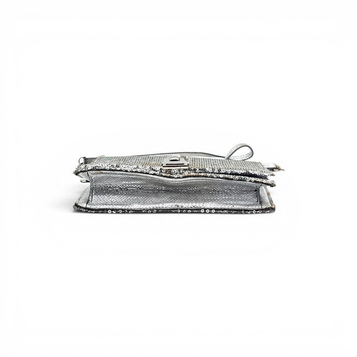 Tom Ford Silver Sequin Clutch With Chain Shoulder Strap with Zipper Detail