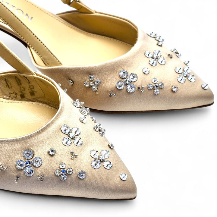 Louis Vuitton Mirage Blossom Slingback Heels Satin Crystals Gold EU 36 US 5.5