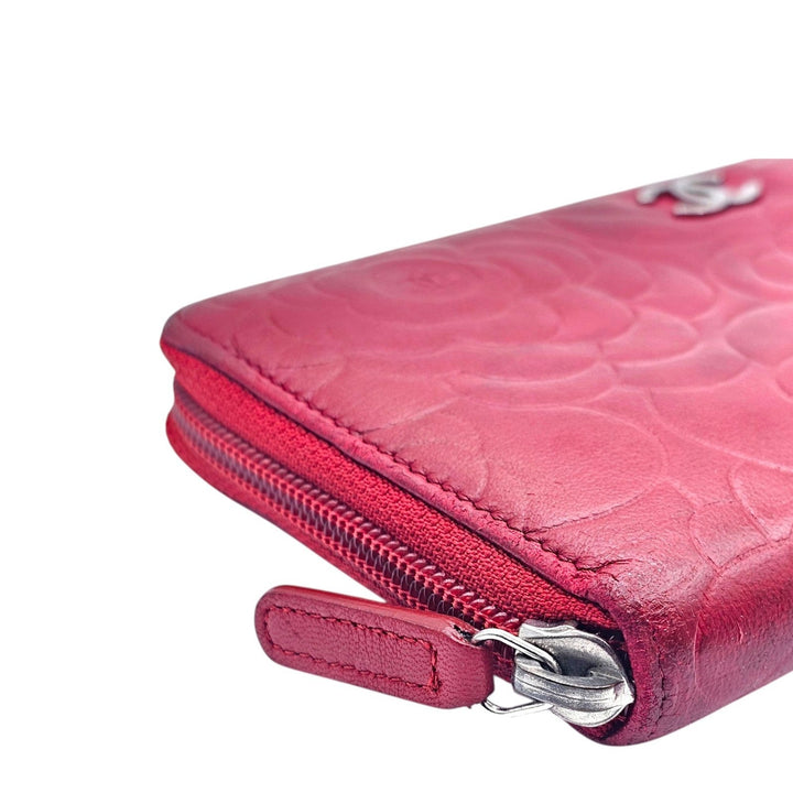 CHANEL Camellia Embossed Red Leather Zip Around Long Wallet Silver CC Logo 19