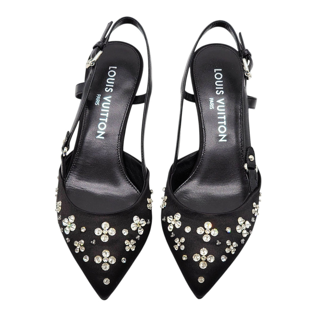 Louis Vuitton Mirage Blossom Slingback Heels Satin Crystals Black EU 36 US 5.5