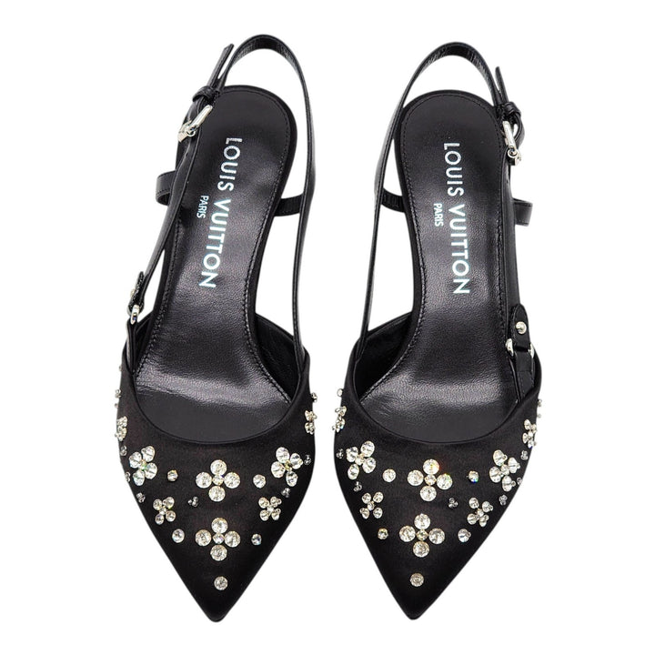Louis Vuitton Mirage Blossom Slingback Heels Satin Crystals Black EU 36 US 5.5