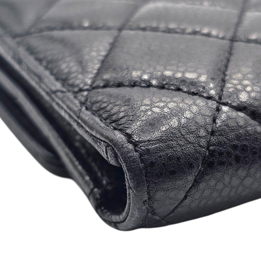 Chanel Timeless Classic Long Flap Trifold Wallet Black Caviar Leather Silver CC