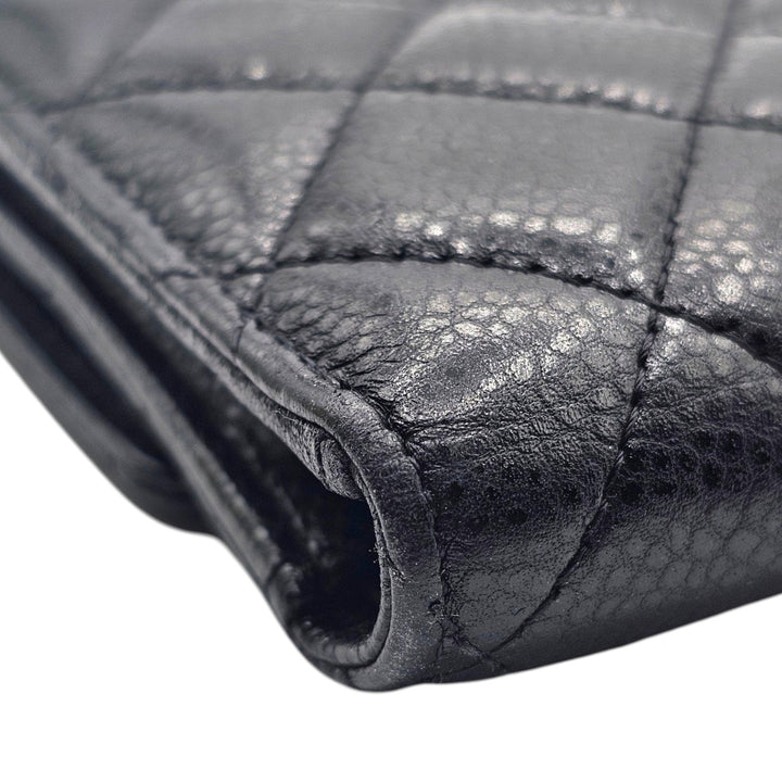 Chanel Timeless Classic Long Flap Trifold Wallet Black Caviar Leather Silver CC