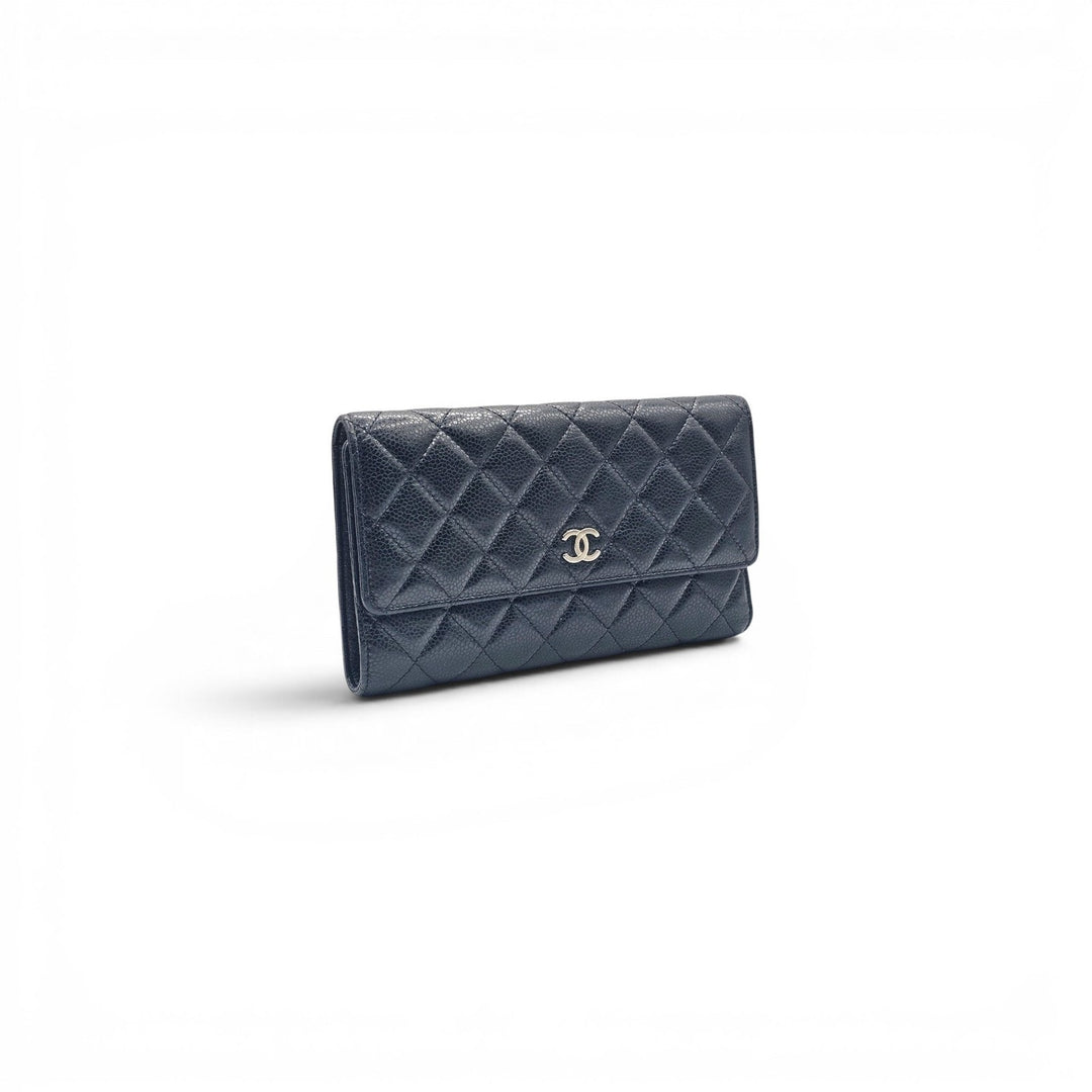 Chanel Timeless Classic Long Flap Trifold Wallet Black Caviar Leather Silver CC