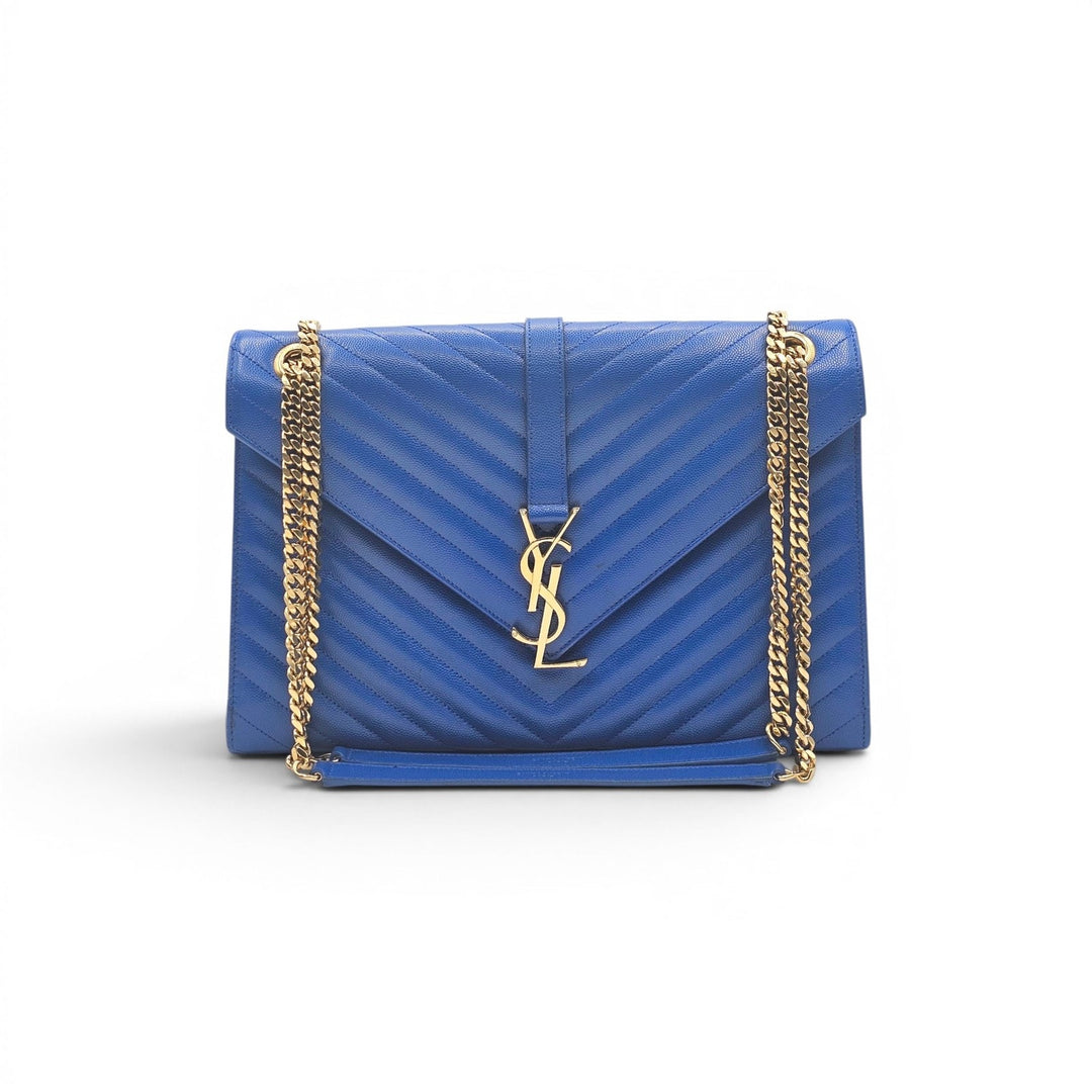 Saint Laurent Large Monogram Grain de Poudre Leather College Shoulder Bag Blue