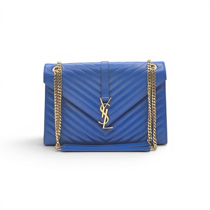Saint Laurent Large Monogram Grain de Poudre Leather College Shoulder Bag Blue