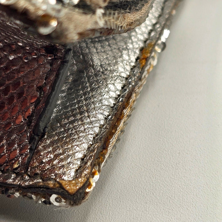 Tom Ford Silver Sequin Clutch With Chain Shoulder Strap with Zipper Detail