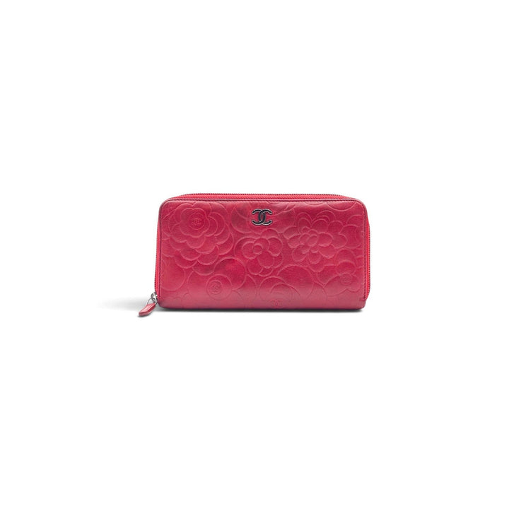 CHANEL Camellia Embossed Red Leather Zip Around Long Wallet Silver CC Logo 19