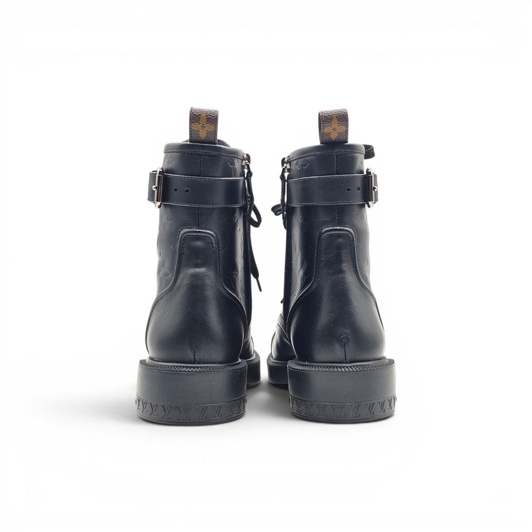 Louis Vuitton Citizen Flat Ranger Boot LV Monogram Embossed Leather Black EU 38