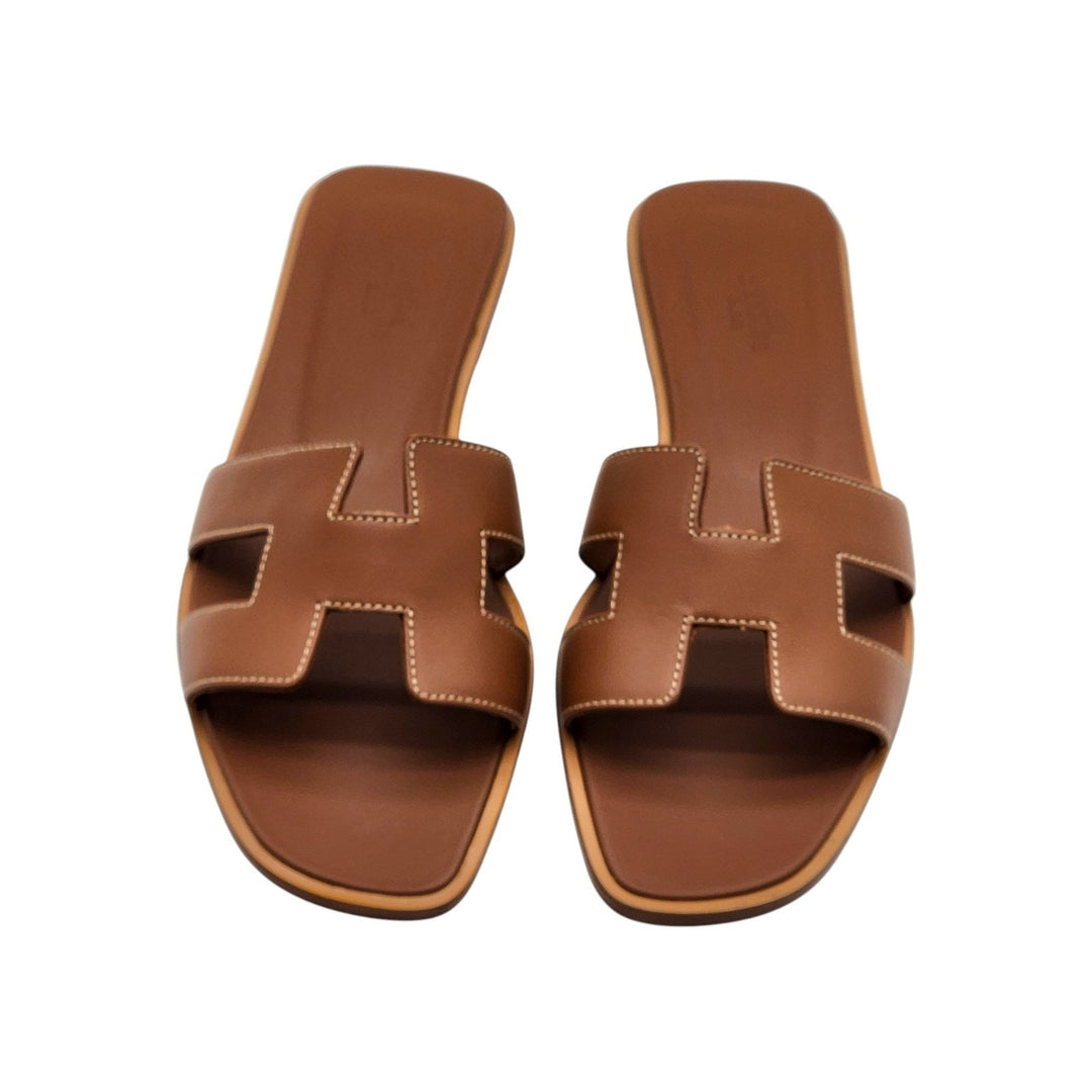 Hermes Oran Women's Leather Slide H Sandals Gold Brown EU 38 US 7.5 - New $840