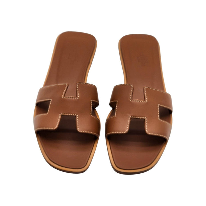 Hermes Oran Women's Leather Slide H Sandals Gold Brown EU 38 US 7.5 - New $840