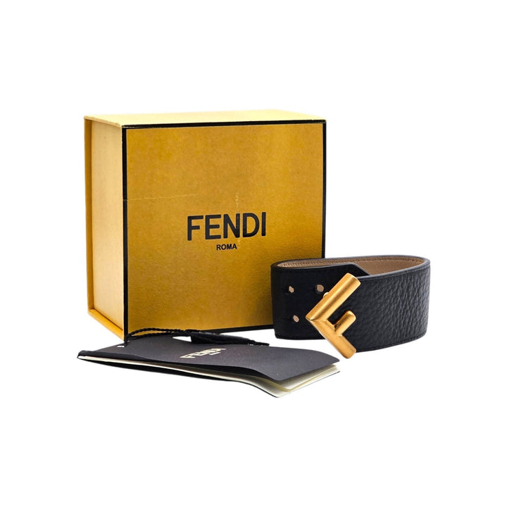Fendi Roma F Deco Cuoio Roma Leather Bracelet Black Gold Size L - New