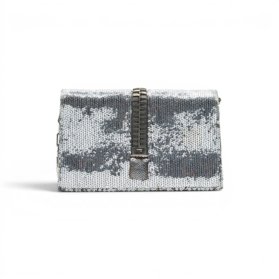 Tom Ford Silver Sequin Clutch With Chain Shoulder Strap with Zipper Detail