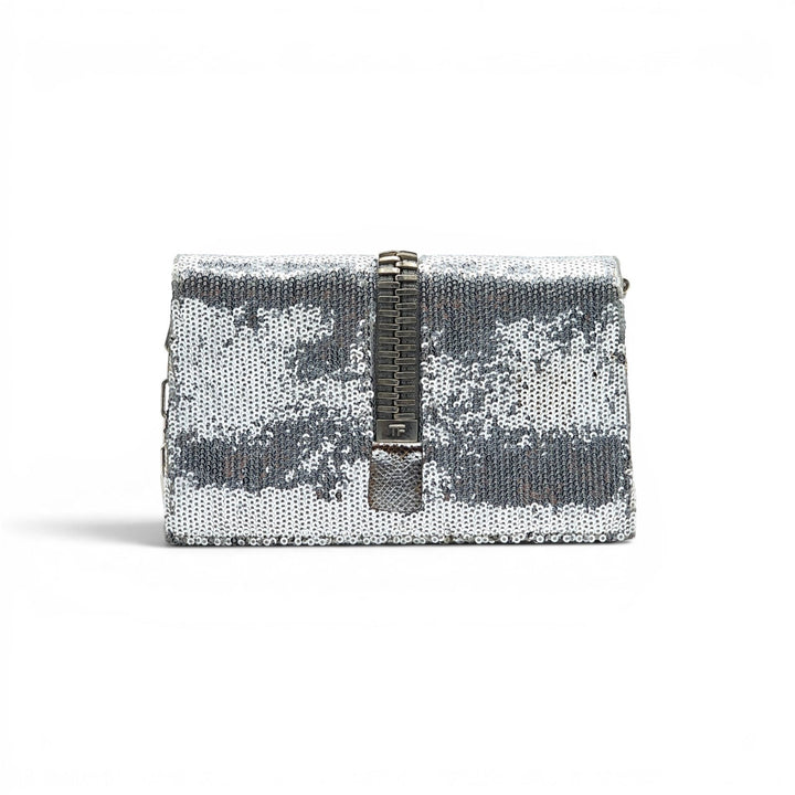 Tom Ford Silver Sequin Clutch With Chain Shoulder Strap with Zipper Detail