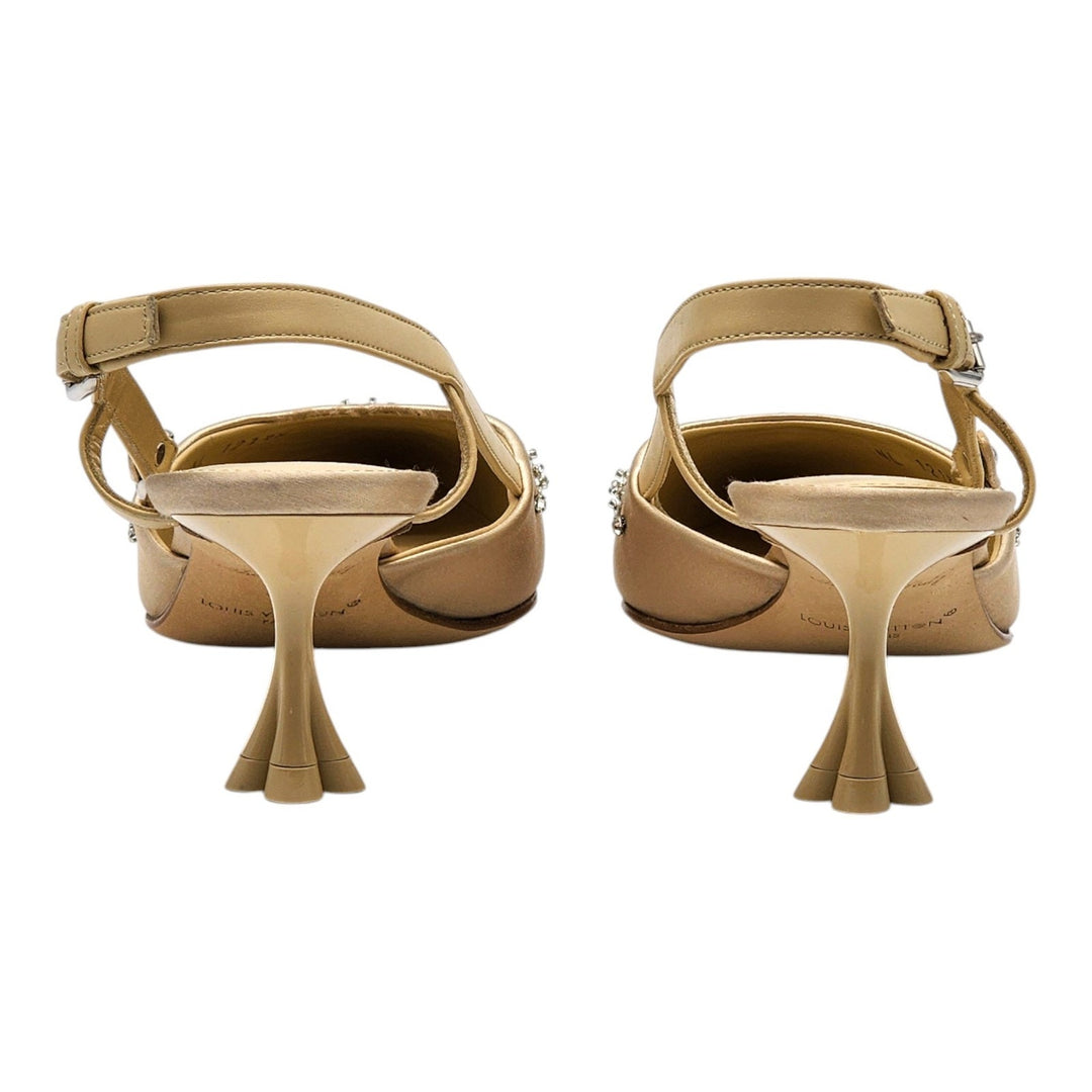 Louis Vuitton Mirage Blossom Slingback Heels Satin Crystals Gold EU 36 US 5.5