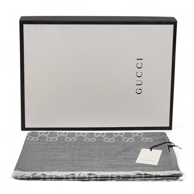 Gucci GG Monogram Fringe Scarf/Shawl - Wool Silk - Gray