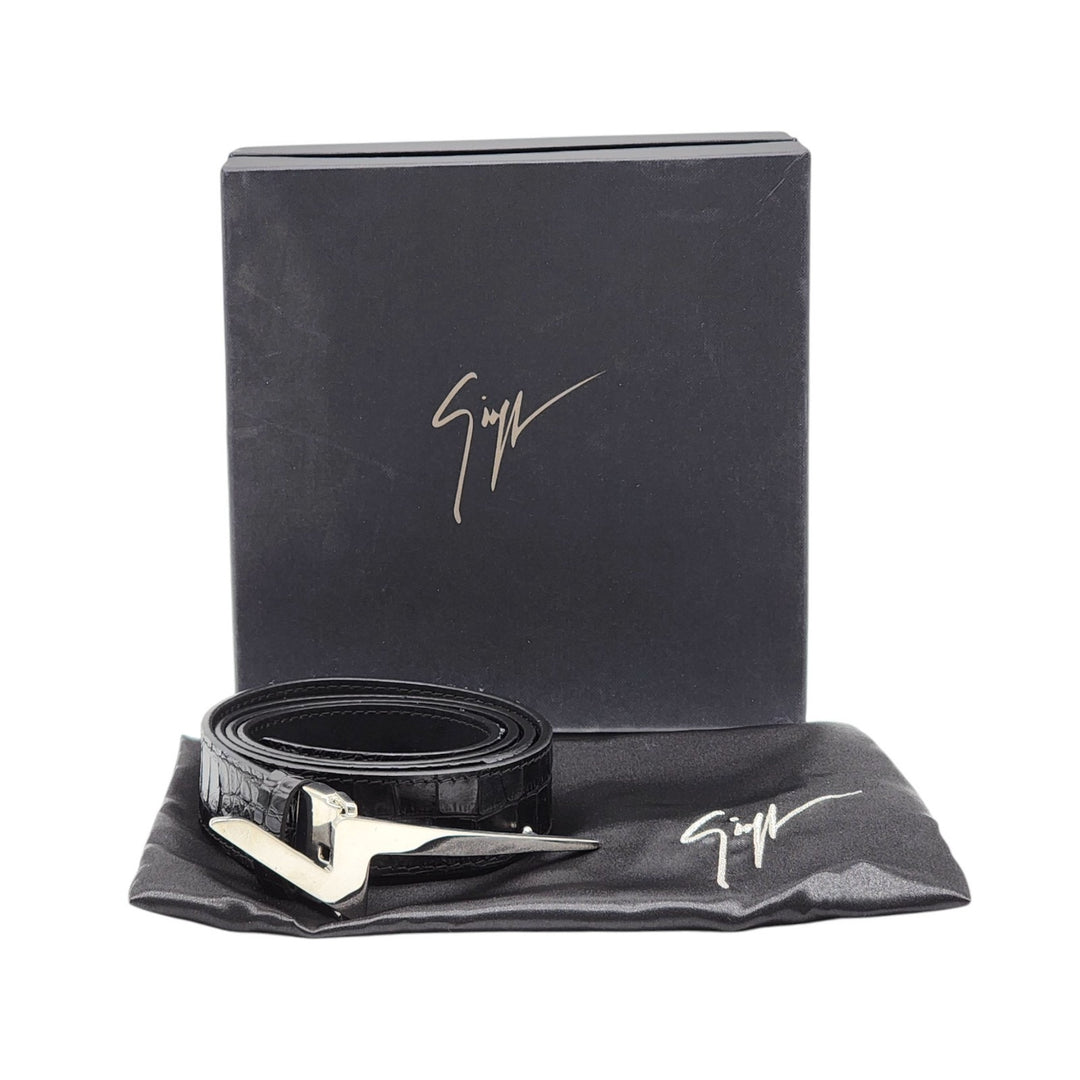 Giuseppe Zanotti Silver Thunderbolt Logo Adjustable Men's Leather Belt Black