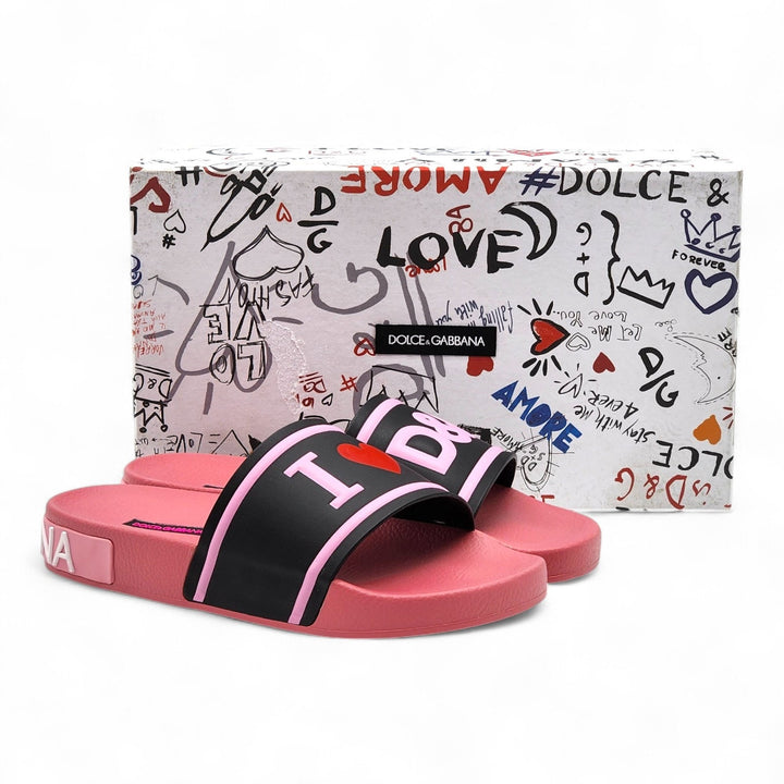 Dolce & Gabbana Logo Heart Rubber Pool Slides Pink Black EU 37 US 7