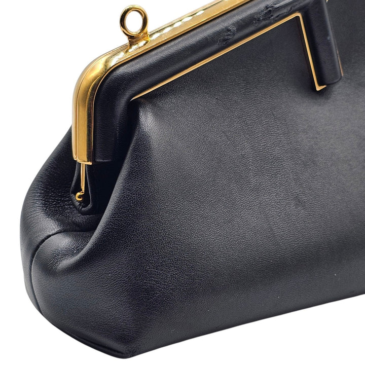 Fendi First Clutch Shoulder Bag Black Nappa Leather Gold Tone Frame