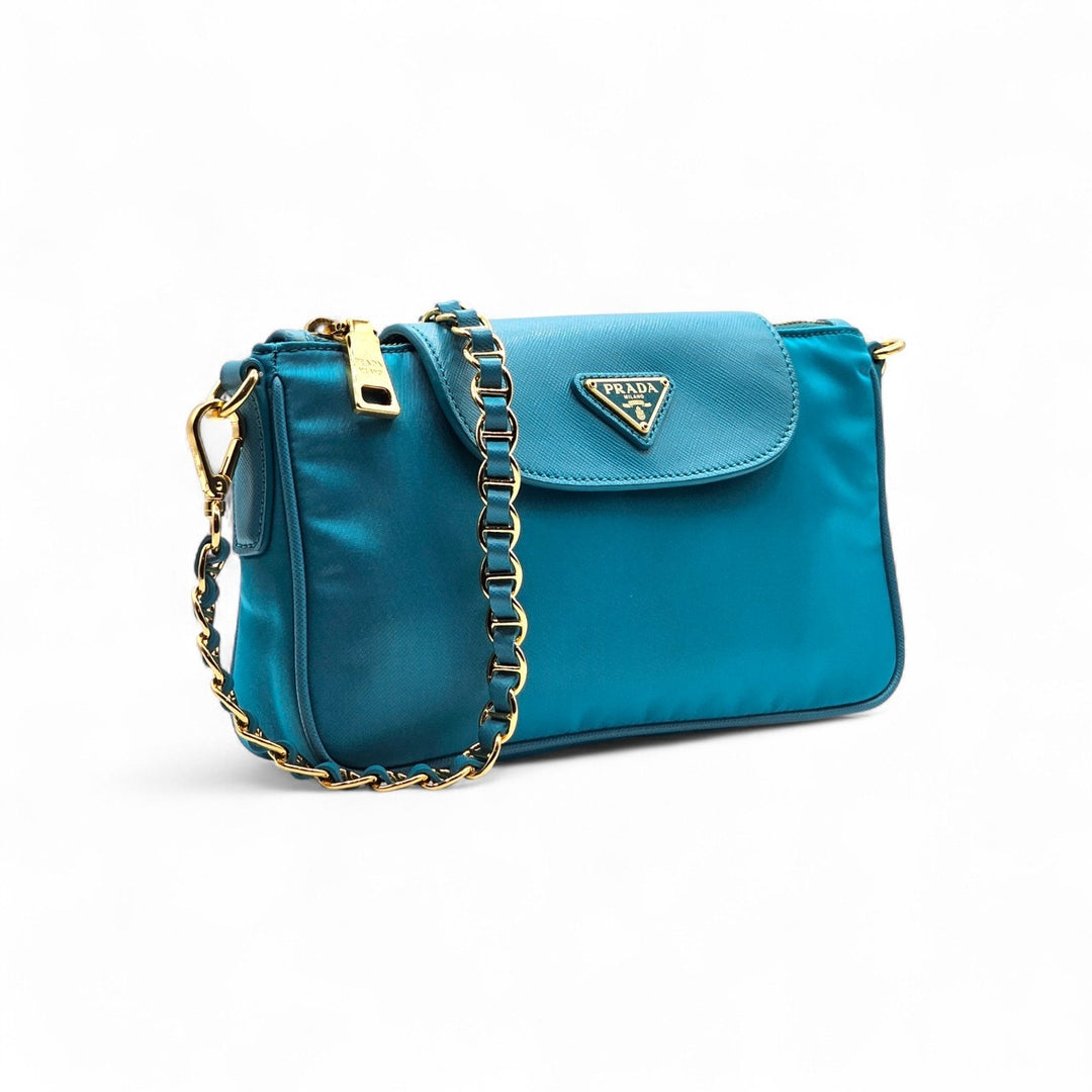 Prada Nylon and Leather Chain Shoulder Bag in Turquoise Blue - New $2250
