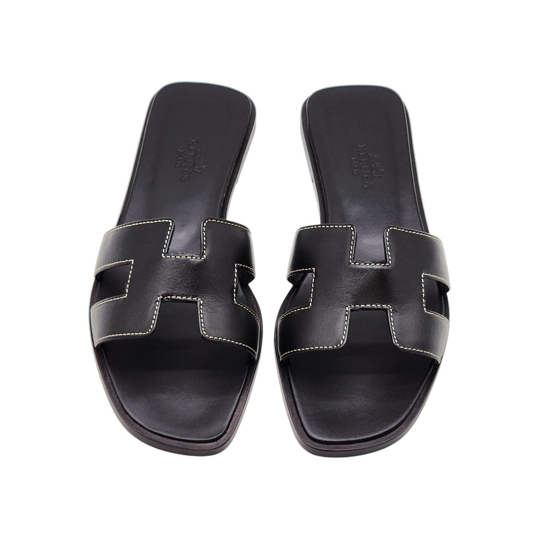 Hermes Oran Women's Leather Slide H Sandals Black EU 36 US 5.5 - New $840