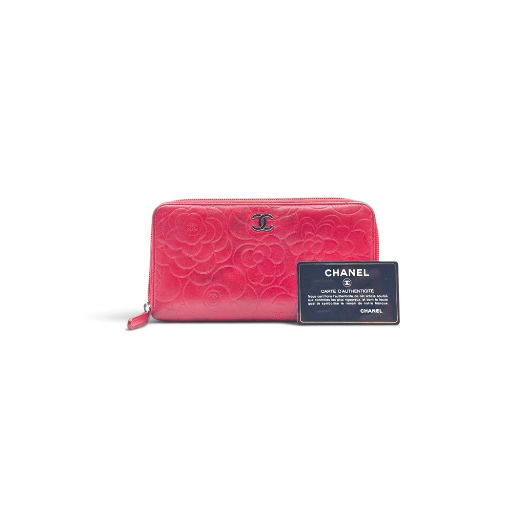 CHANEL Camellia Embossed Red Leather Zip Around Long Wallet Silver CC Logo 19
