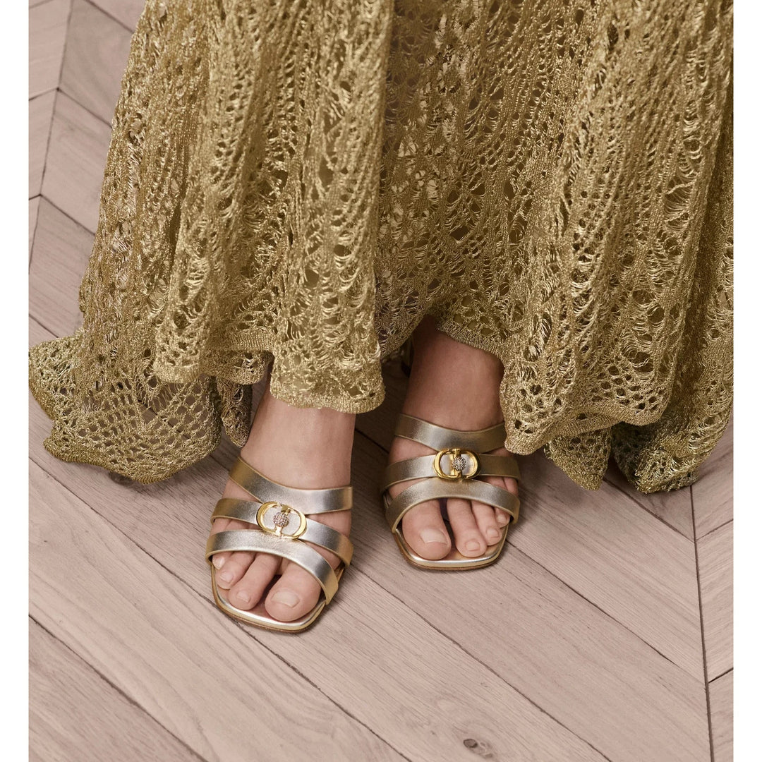 Dior Or 30M Gold Laminated Calf Leather Heeled Slides 80mm EU 39 US 9 NWOB $1185