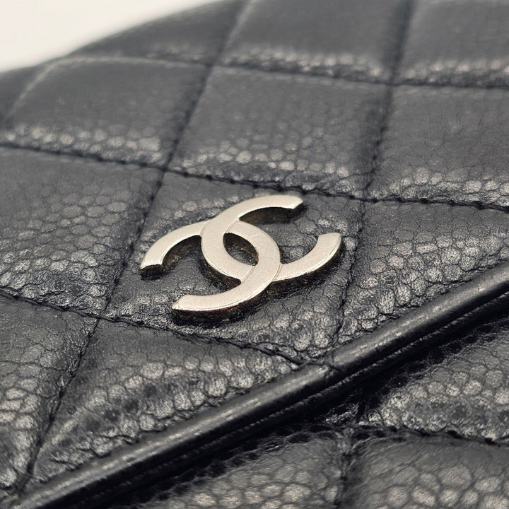 Chanel Timeless Classic Long Flap Trifold Wallet Black Caviar Leather Silver CC