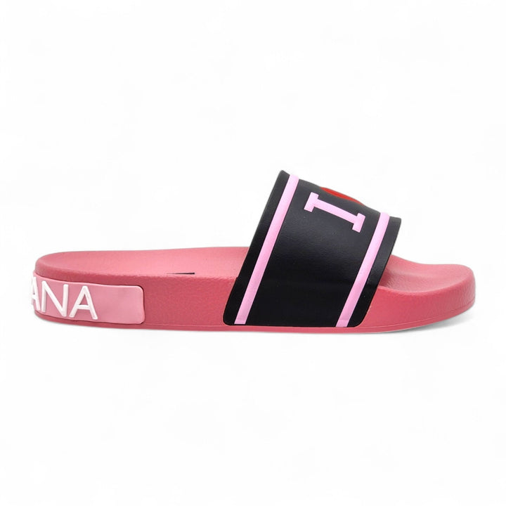 Dolce & Gabbana Logo Heart Rubber Pool Slides Pink Black EU 37 US 7