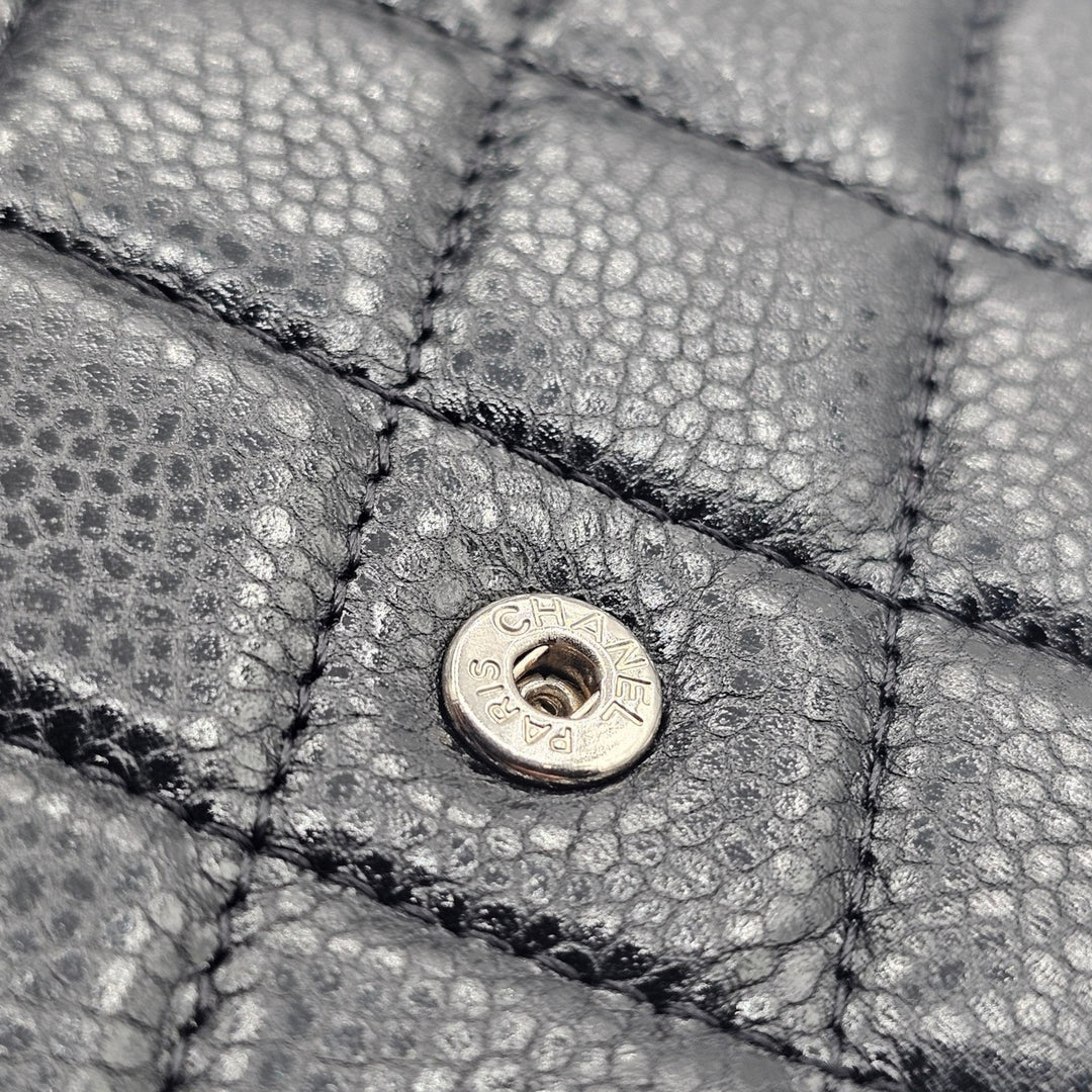 Chanel Timeless Classic Long Flap Trifold Wallet Black Caviar Leather Silver CC
