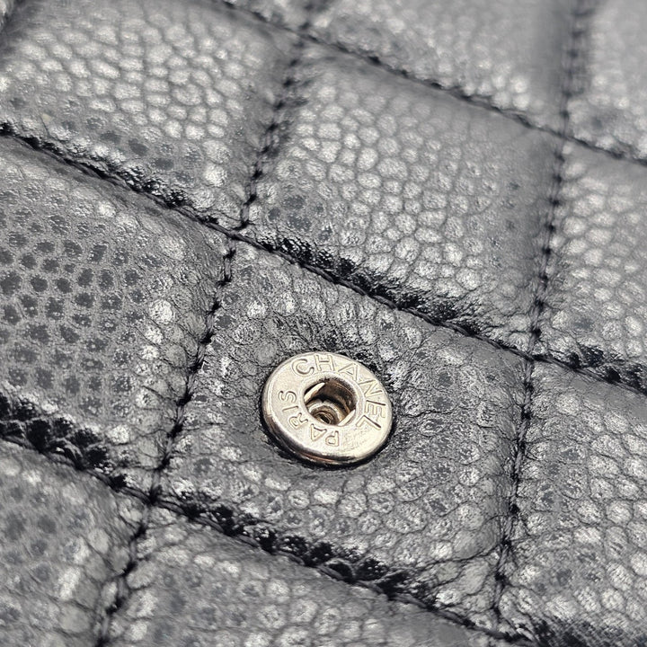 Chanel Timeless Classic Long Flap Trifold Wallet Black Caviar Leather Silver CC