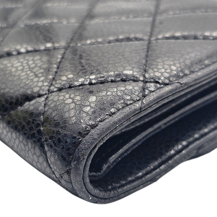 Chanel Timeless Classic Long Flap Trifold Wallet Black Caviar Leather Silver CC