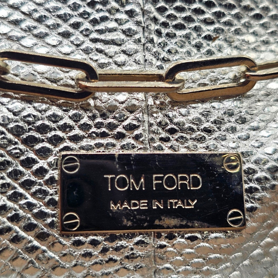 Tom Ford Silver Sequin Clutch With Chain Shoulder Strap with Zipper Detail