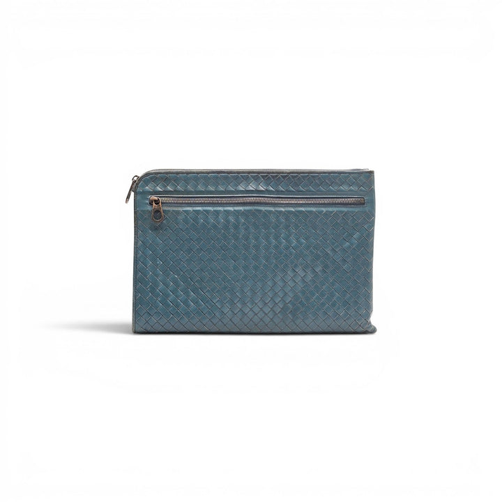 Bottega Veneta Intrecciato Woven Leather Clutch Bag Blue - Preowned