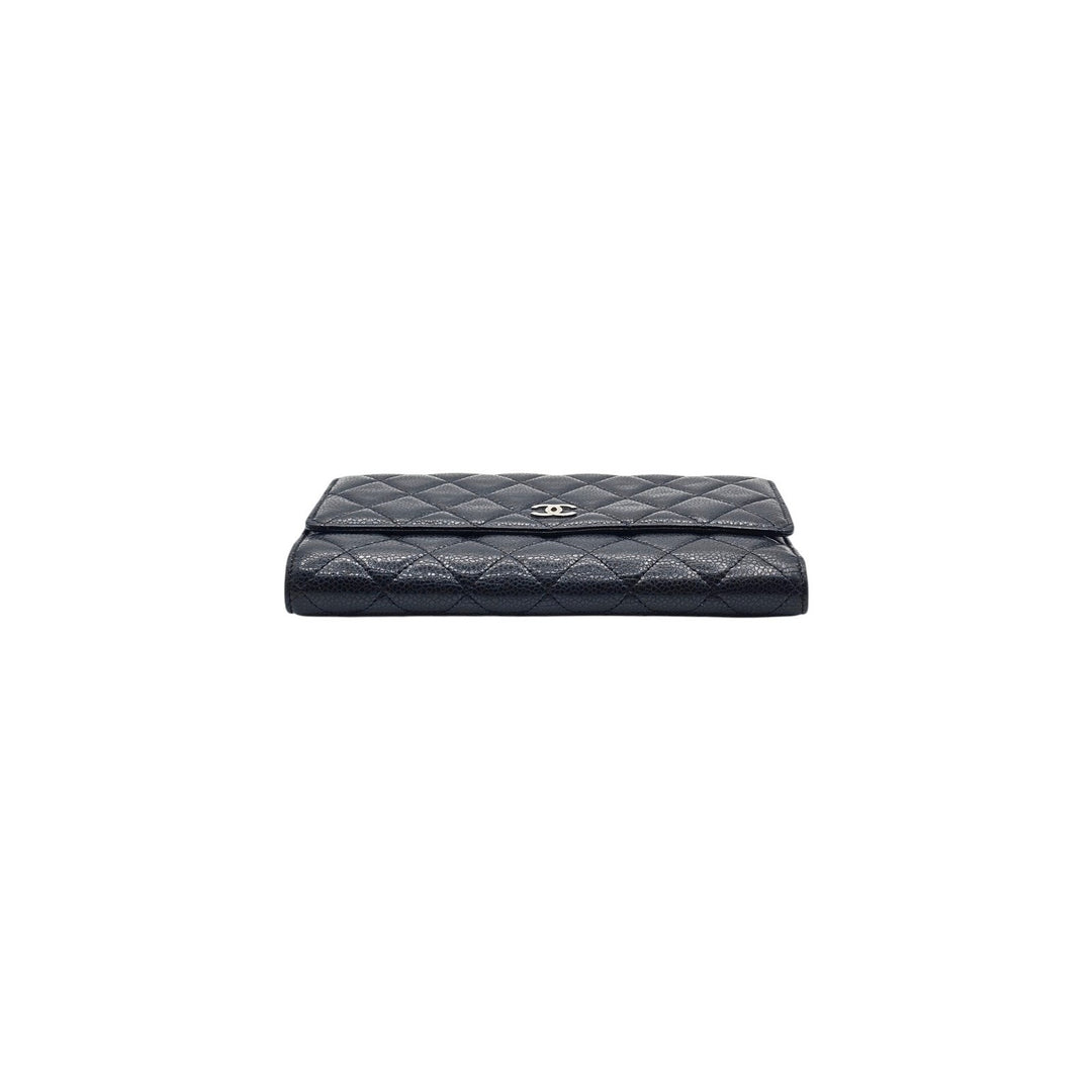 Chanel Timeless Classic Long Flap Trifold Wallet Black Caviar Leather Silver CC
