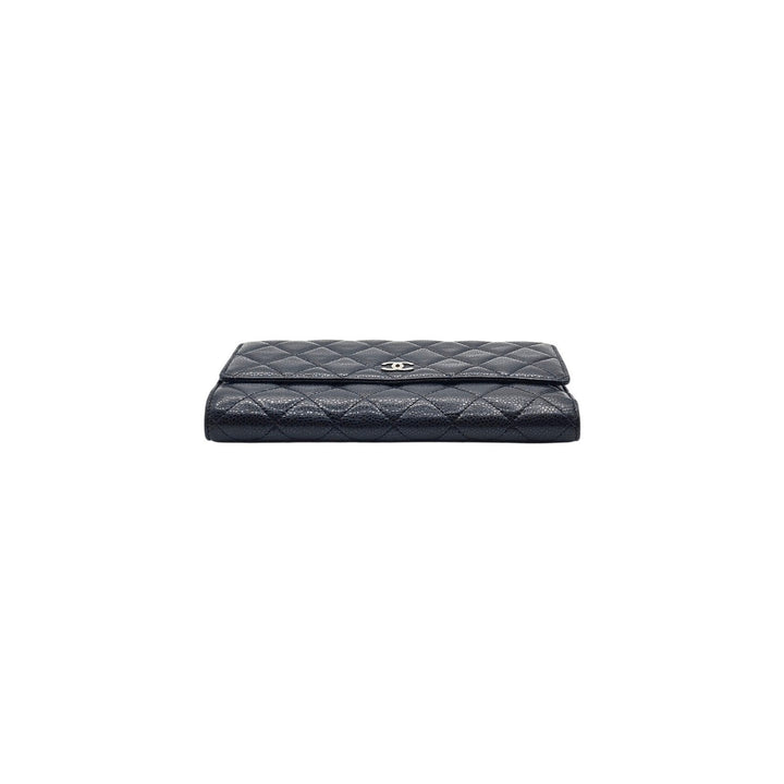 Chanel Timeless Classic Long Flap Trifold Wallet Black Caviar Leather Silver CC