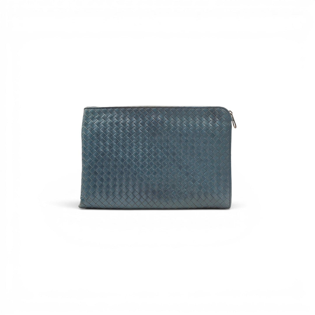 Bottega Veneta Intrecciato Woven Leather Clutch Bag Blue - Preowned