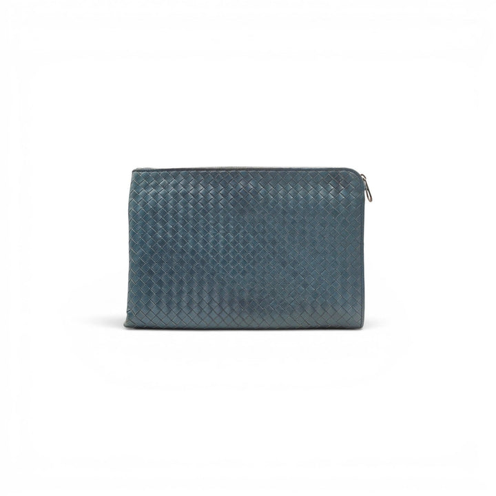 Bottega Veneta Intrecciato Woven Leather Clutch Bag Blue - Preowned
