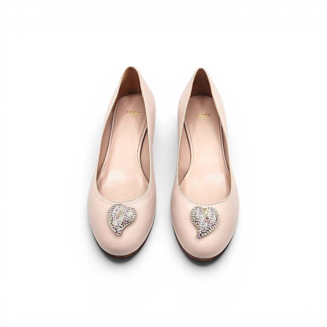 Fendi Women’s Ballet Flats Beige Leather with Crystal Hearts EU 37 US 7 - NWB