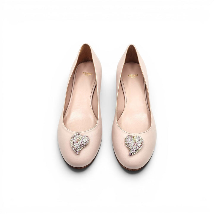 Fendi Women’s Ballet Flats Beige Leather with Crystal Hearts EU 37 US 7 - NWB