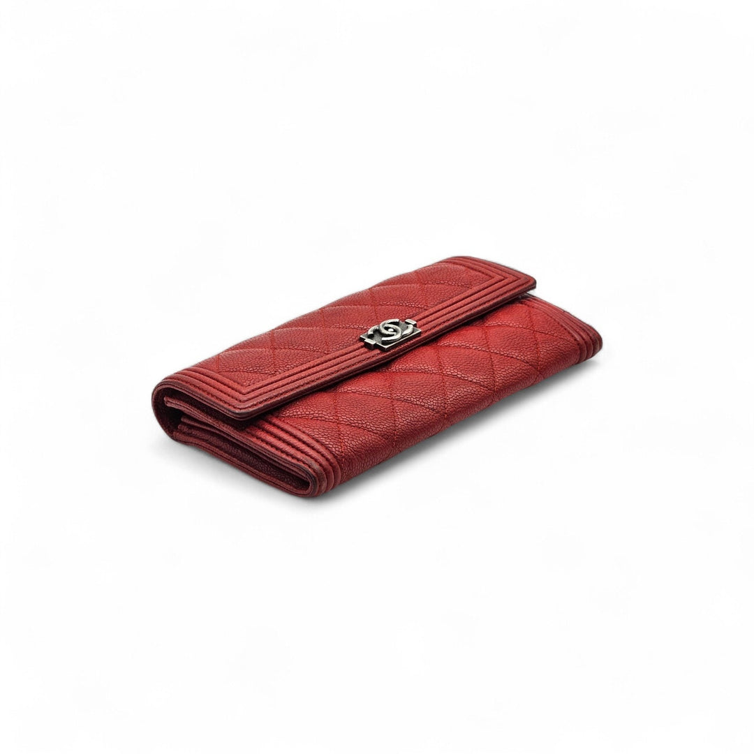 Chanel Boy Wallet Caviar Leather Red with Antique Silver HW 22 series with box