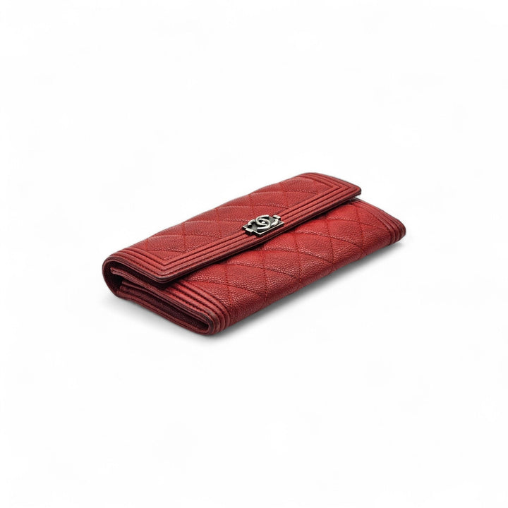 Chanel Boy Wallet Caviar Leather Red with Antique Silver HW 22 series with box