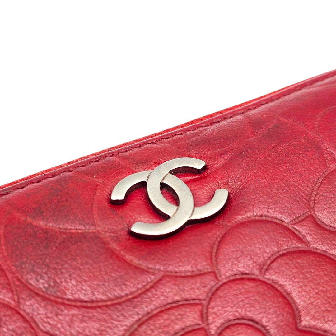 CHANEL Camellia Embossed Red Leather Zip Around Long Wallet Silver CC Logo 19