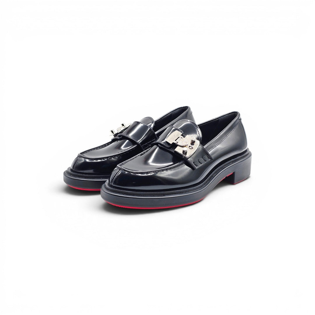Christian Louboutin Urban Moc Lock Glazed Leather Loafers Shoes Black EU 37 US 7