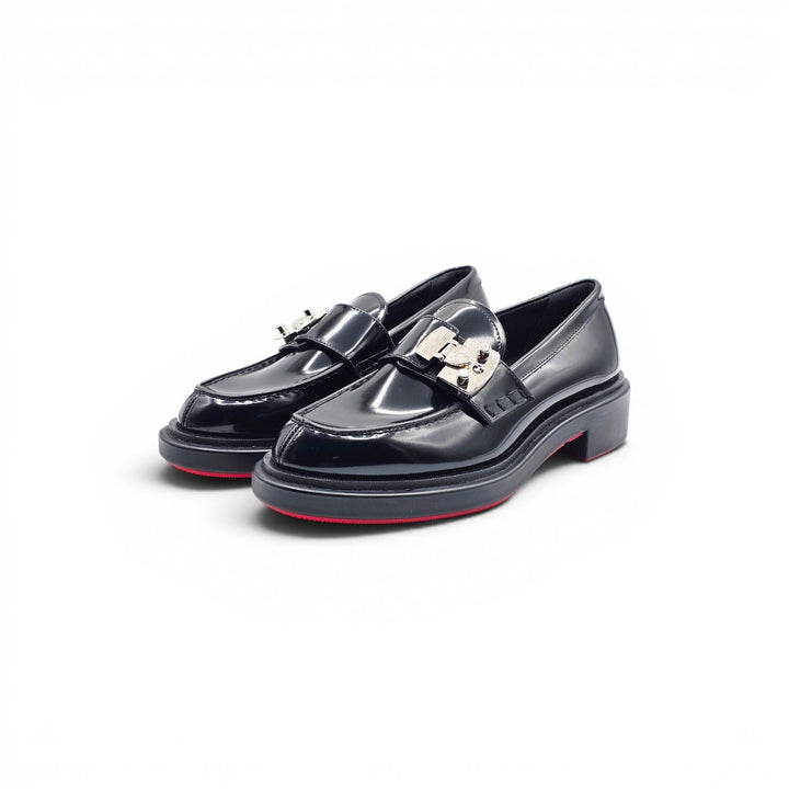 Christian Louboutin Urban Moc Lock Glazed Leather Loafers Shoes Black EU 37 US 7