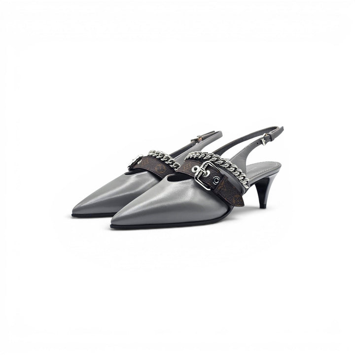 Louis Vuitton LV Vibe Gray Leather LV Monogram Slingback Pumps 1AHL07 EU 36 US 6